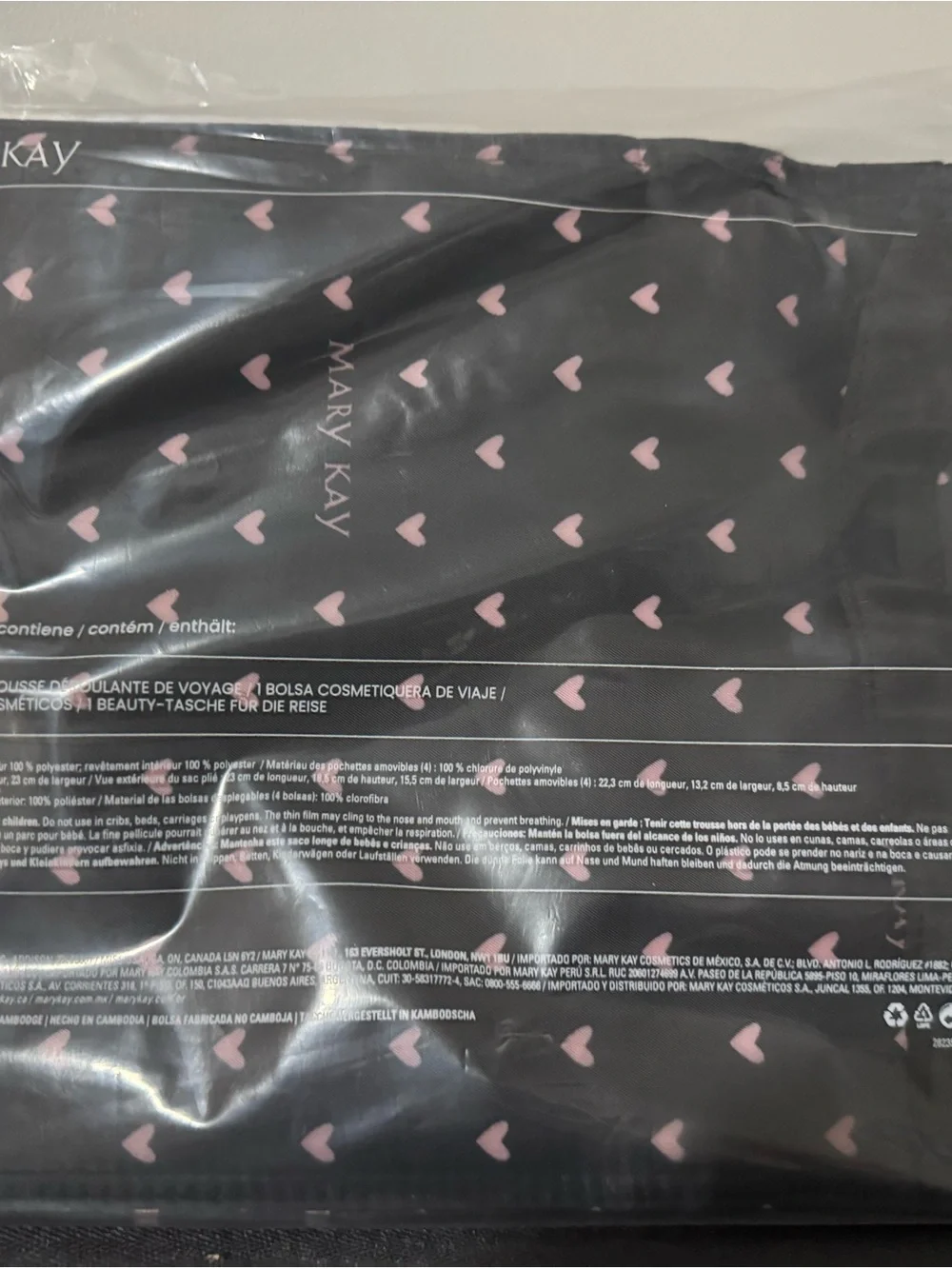 Mary Kay Black Cosmetic Pouch with Pink Heart Pattern